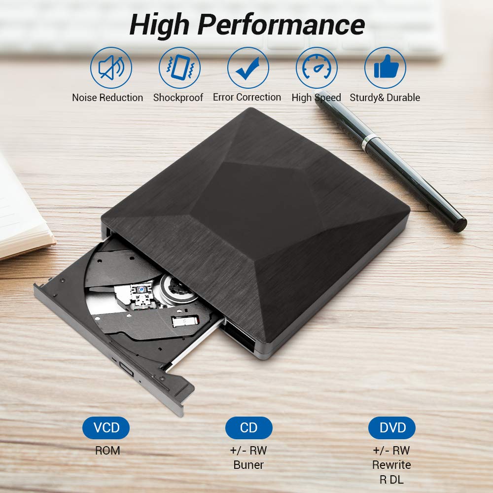 External CD DVD Drive, USB 3.0 Type-C Dual Port DVD CD R/RM Burner Writer Copier Player Floppy Optical DVD Drive Plug and Play High Speed Data Transfer for Laptop/Macbook/Desktop/MacOS/Win10/8/7