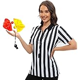 4Pcs Women's Referee Shirt Zipper Collared Referee Jersey with Whistle, Red and Yellow Penalty Flags for Halloween Costumes