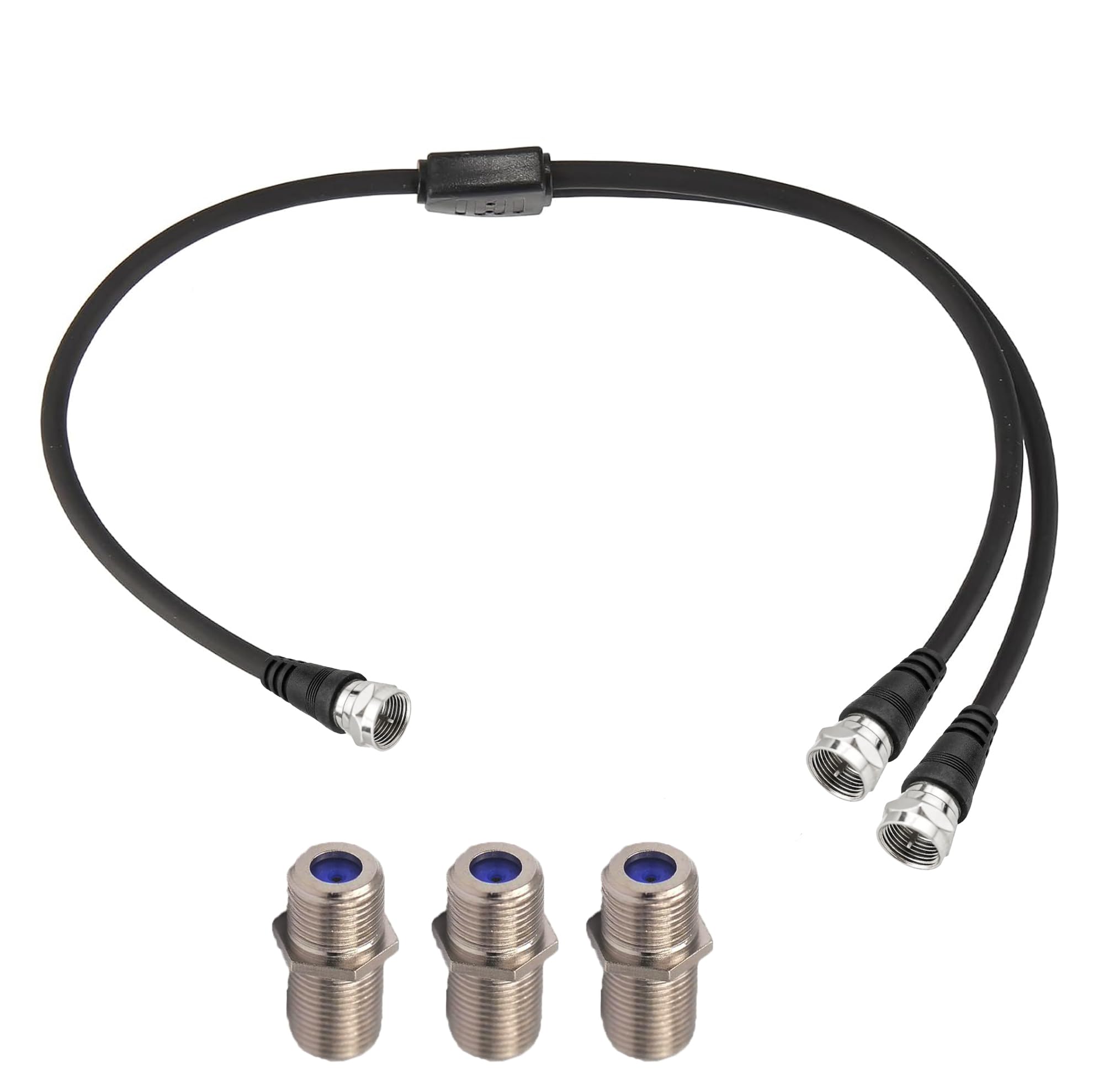 RedYutou F-Type RG6 3-Way Splitter Cable – 75Ohm F Male to Dual F Male Y-Type 12" (30cm) with 3 F-Type Female Adapters – Flexible Coax Cable for TV, Satellite, Modem & Internet