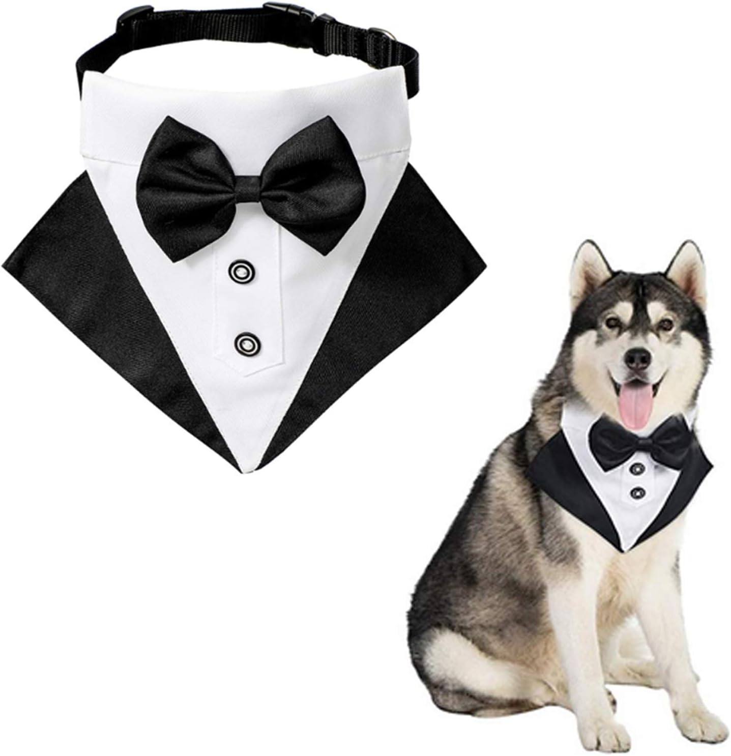 WANDIC Formal Dog Tux Collar - Adjustable Bandana with D Ring for Large Dogs, White,Black