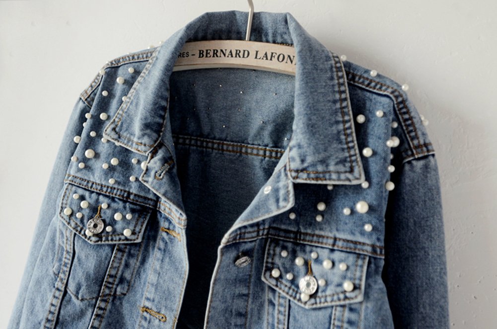 LifeShe Women's Embroidered Pearl Denim Jean Jacket Coat