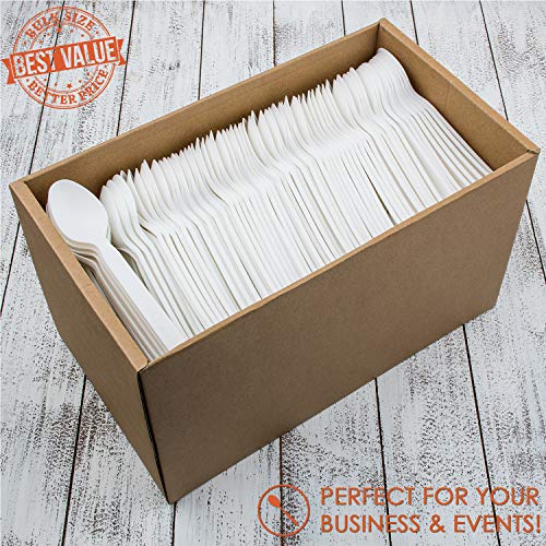 100% Compostable Spoons - 500 Large Disposable Utensils (6.5 in.) Bulk Size Eco Friendly Durable and Heat Resistant Plastic Spoons Alternative with Convenient Tray by Ecovita