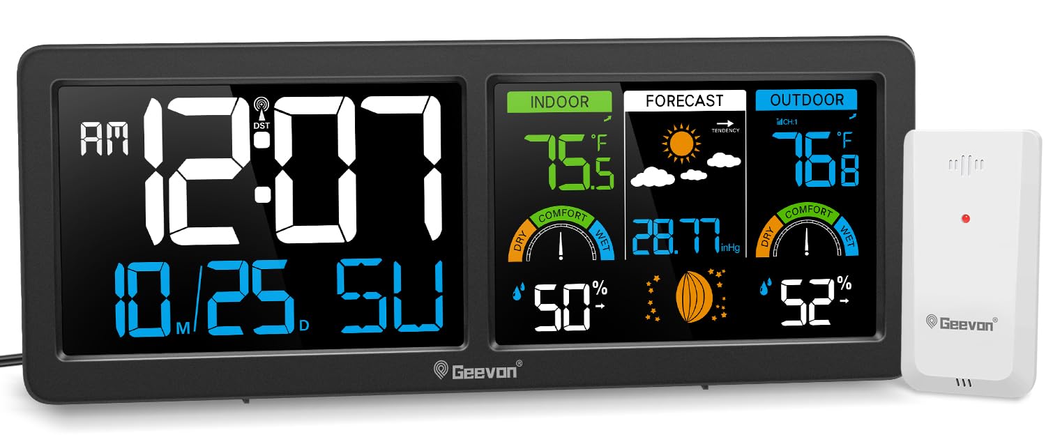 Photo 1 of Geevon Weather Stations Wireless Indoor Outdoor Thermometer with Atomic Clock, HD Color Display Digital Temperature Humidity Monitor with Barometer, Comfort Indicator, and Adjustable Backlight