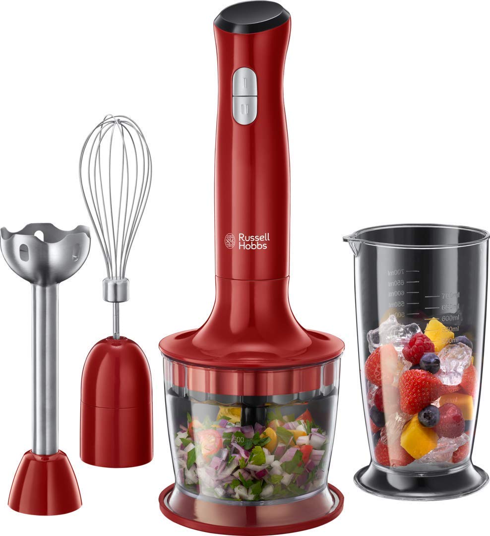 Russell Hobbs Mixeur Plongeant [Multifonction 3En1: Hache, Fouette, Mixe] Desire Rouge (Bol 500 Ml, Pièces Amovibles, 2 Vitesses, Accessoires Compatibles Lave-Vaisselle, Anti-Éclaboussure) 24700-56