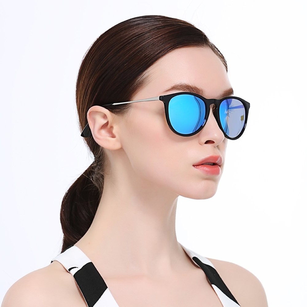 WELUK Wayfarer Sunglasses Polarized Women Men 60mm Round Retro Large Lens (Black & Blue, 60)
