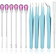 11 Pcs Silicone Resin Mold Tools Set Stirring Needle Spoon Tool Tweezers Precision Kit, Anti-Static Electronics Tweezers Set for Resin Art Crafts,Jewelry Making,DIY Epoxy Casting Molds-Rose Red & Cyan