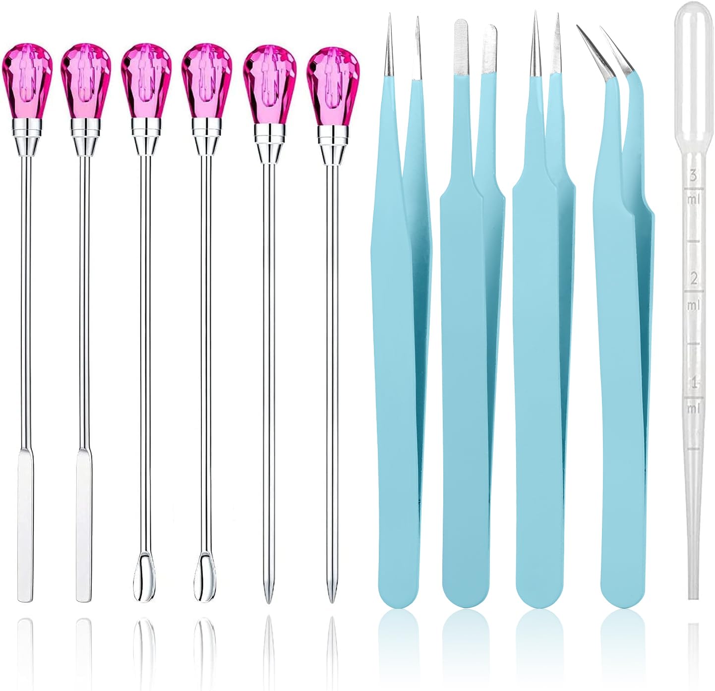 11 Pcs Resin Accessories Set Silicone Resin Mold Tools Kit Resin Craft Tweezers Stirring Needle Spoon Dropper Stainless Steel Anti-Static for Craft Jewelry Making Powder Liquid StirringRose Red&Cyan