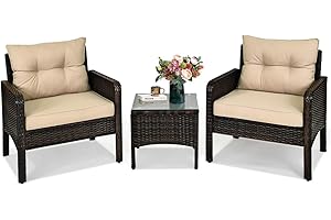 HAPPYGRILL 3 Pieces Patio Furniture Set Outdoor Rattan Wicker Coffee Table & Chairs Set with Seat Cushions Patio Conversation Set for Garden Balcony Backyard Poolside
