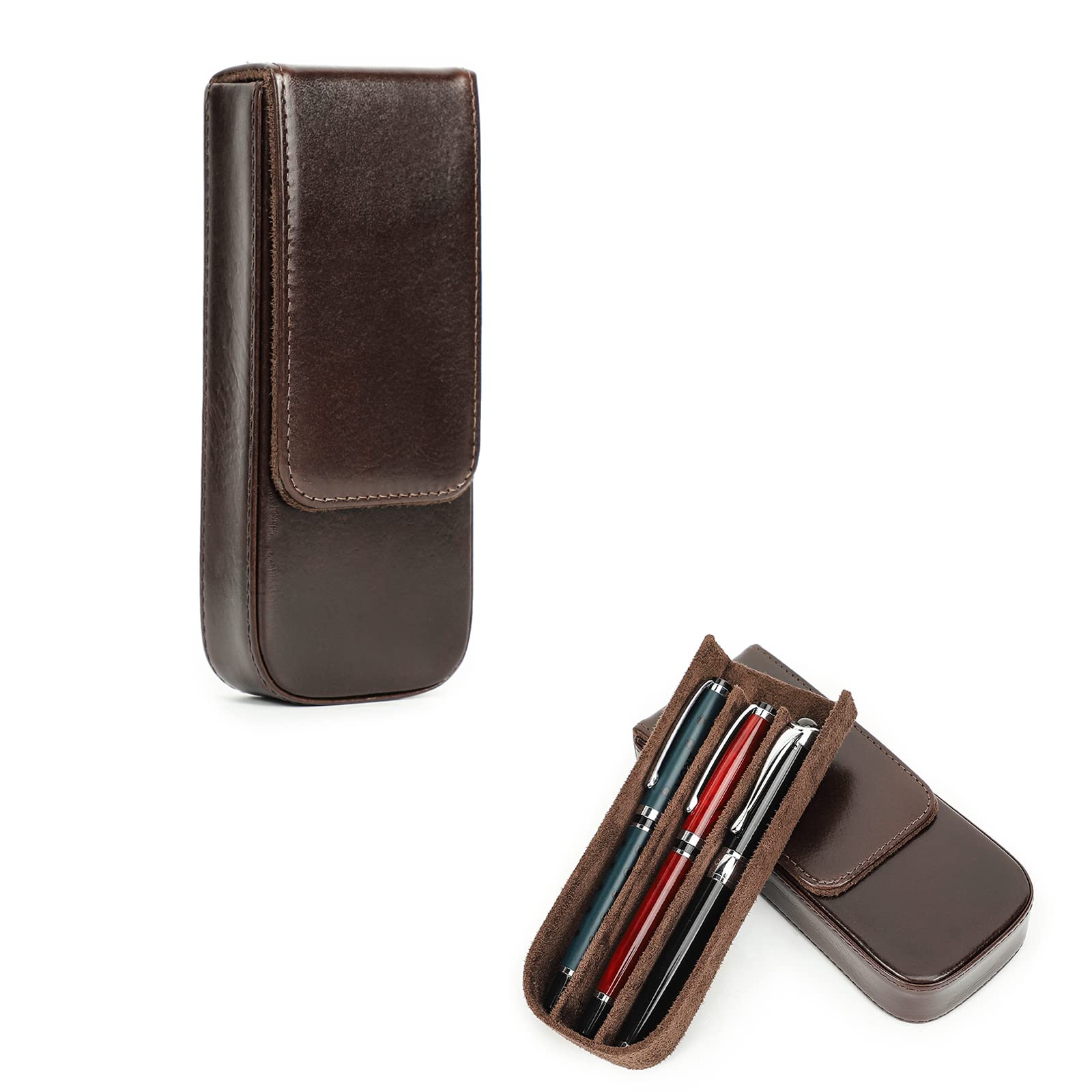 Hiram Leather Pen Box for 3 Pens Vegetable Tanned Leather Fountain Pen Storage Case with Hidden Magnetic Snap Closure and Pens Tray Design (Coffee)