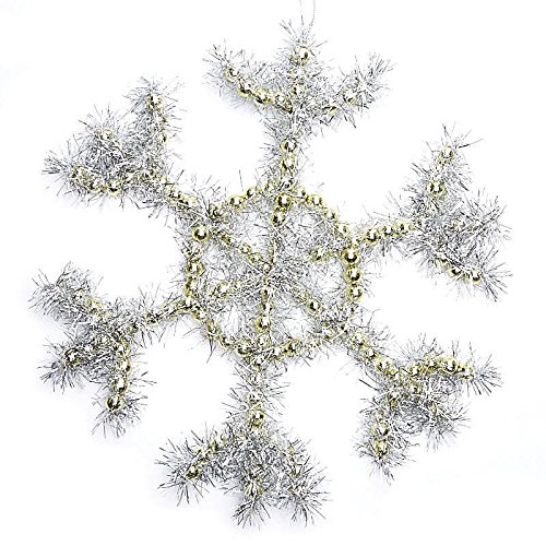 Gold Bead and Silver Tinsel Snowflake Ornaments for Holiday Decor - 2 Snowflakes