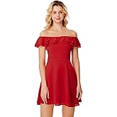 WDIRARA Women's Off The Shoulder Short Sleeve High Waist Ruffle Hem Aline Dress