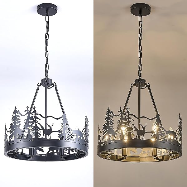 TELAFLY 6-LIGHT WAGON WHEEL CHANDELIER,FARMHOUSE BLACK CHANDELIER DINING ROOM LIGHT FIXTURE,ROUND INDUSTRIAL VINTAGE KITCHEN ISLAND PENDANT LIGHT FOR LIVING ROOM ENTRYWAY FOYER