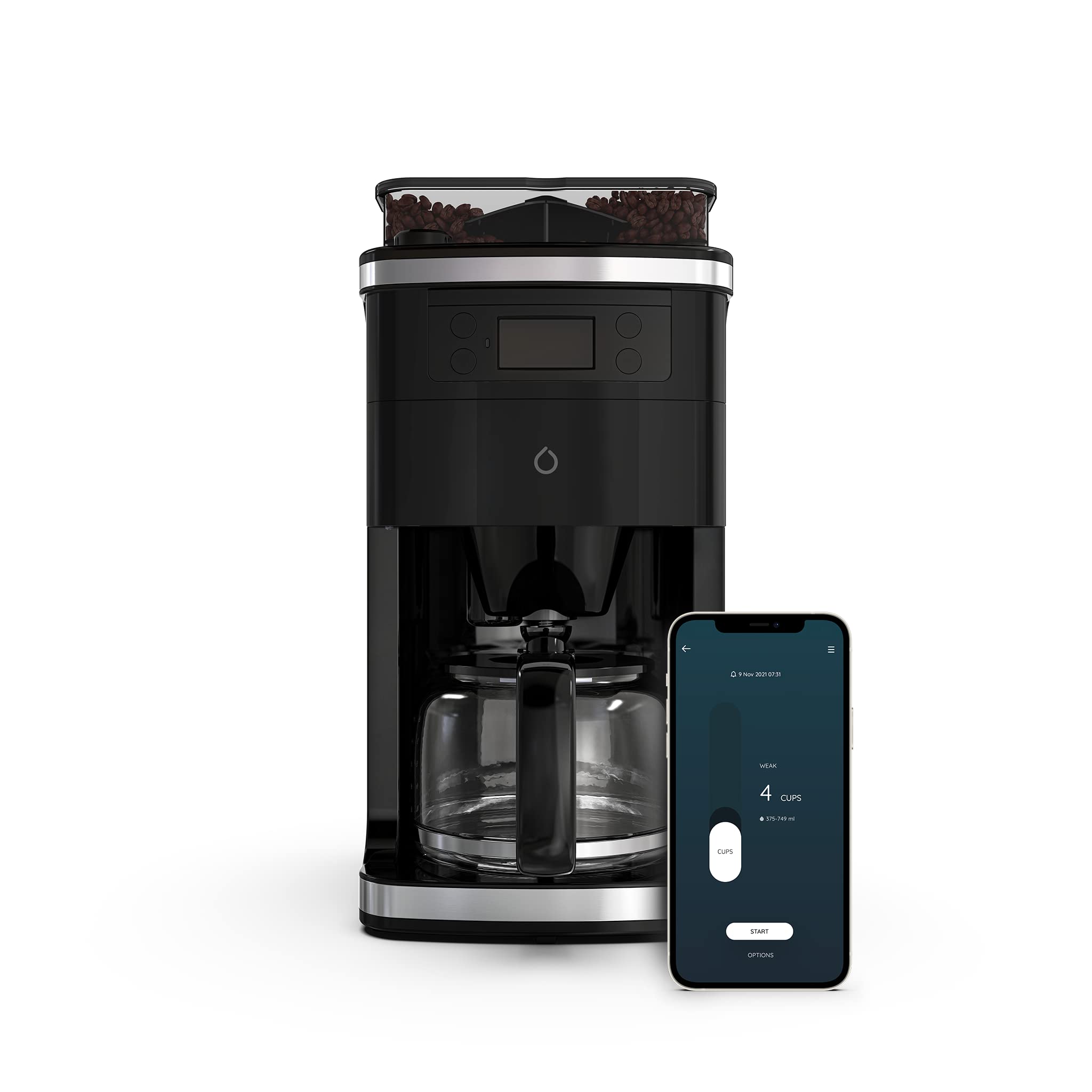 Smarter Coffee - WiFi Bean to Cup Drip Filter Coffee Machine Burr Grinder Anti-Drop 1.5L Carafe Keep Warm Stainless Steel Black, Smart App Remote Brew (2020 2nd Generation) - UK