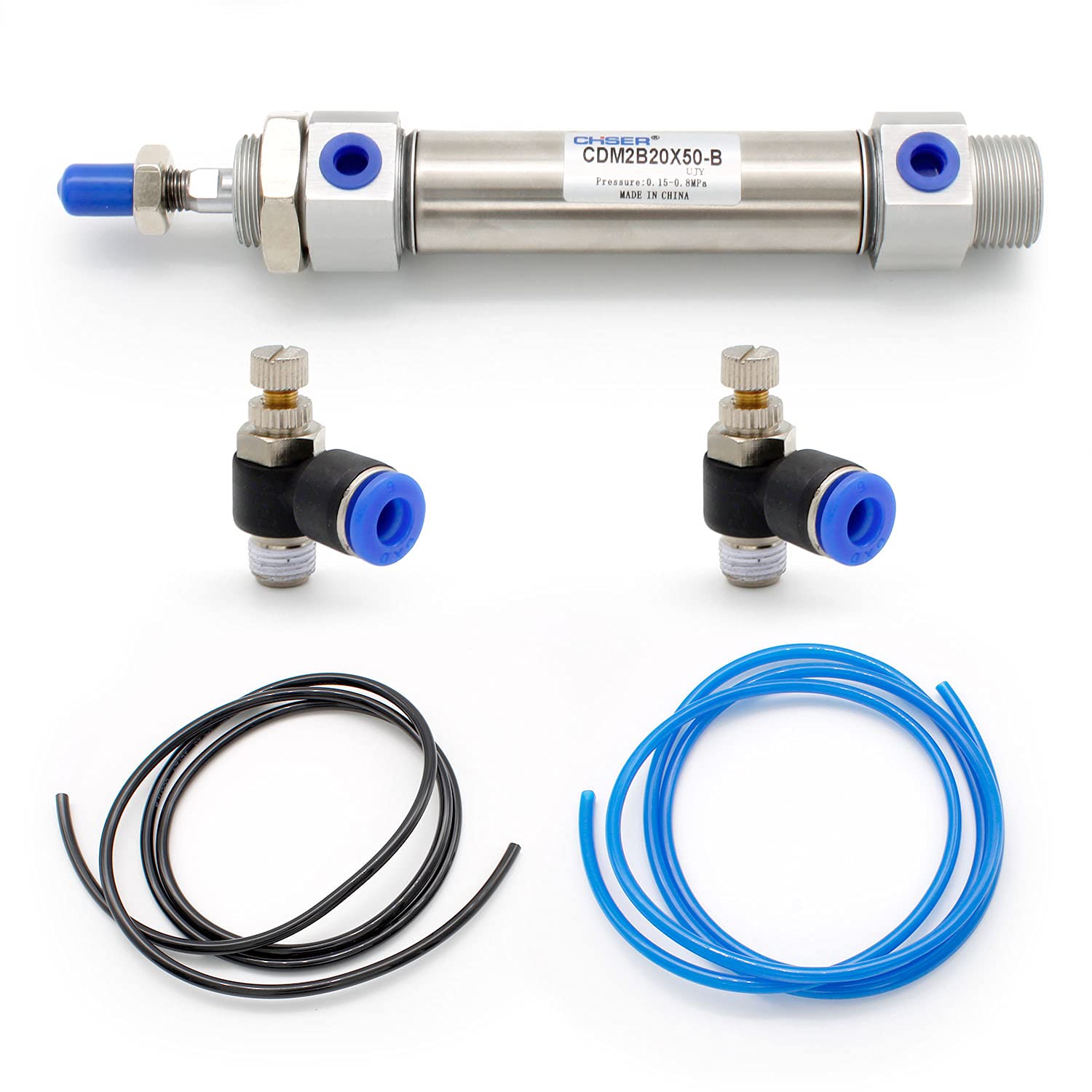 SRJQXH 20mm Rod Diameter 50mm Stroke Pneumatic Cylinder with 6MM 1/8" Throttle Valve and Two Different Colors of PU Pneumatic Hose, Air Cylinders PT 1/8" Connection Size, Double Acting
