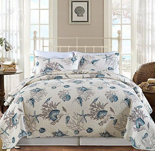 HNNSI 3 Piece Cotton Coverlet Quilt Bedspread Comforter Set Queen Size, Ocean Conch Starfish Coral Print Sheets Bedding Sets