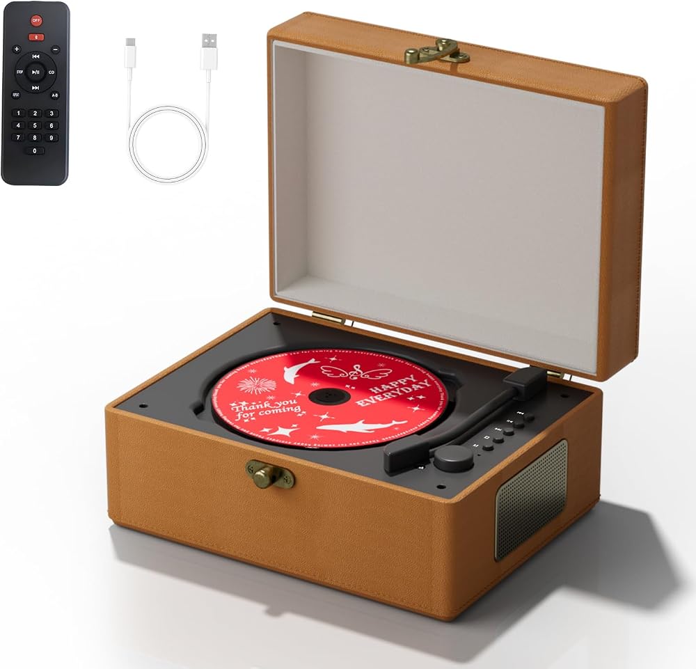 Yintiny Brown Leather CD Player With Speakers Home Decor Portable