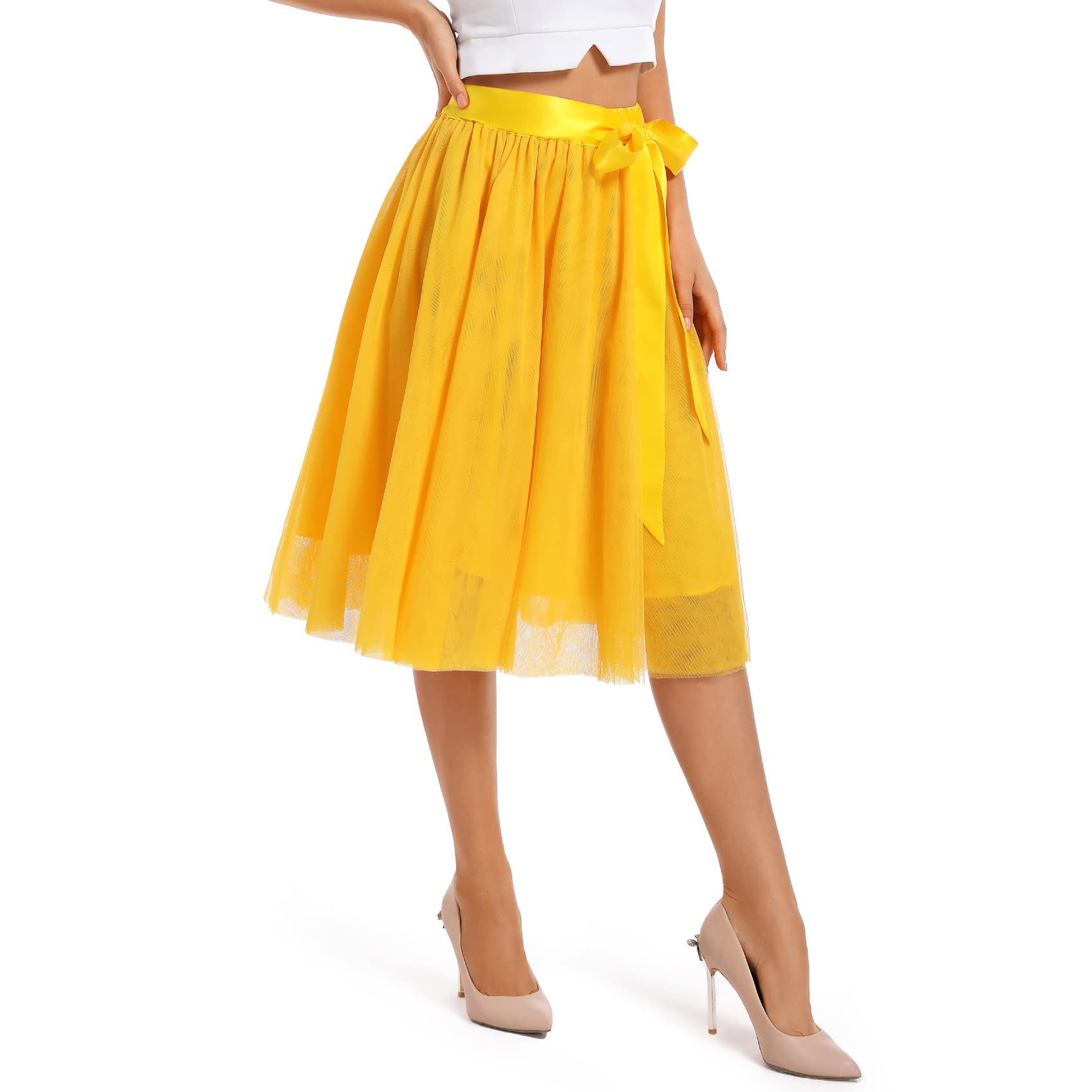 Photo 1 of BDQING Women's Knee Length Tulle Skirts Layered Prom Party Midi Tutu Skirt (Yellow,M)