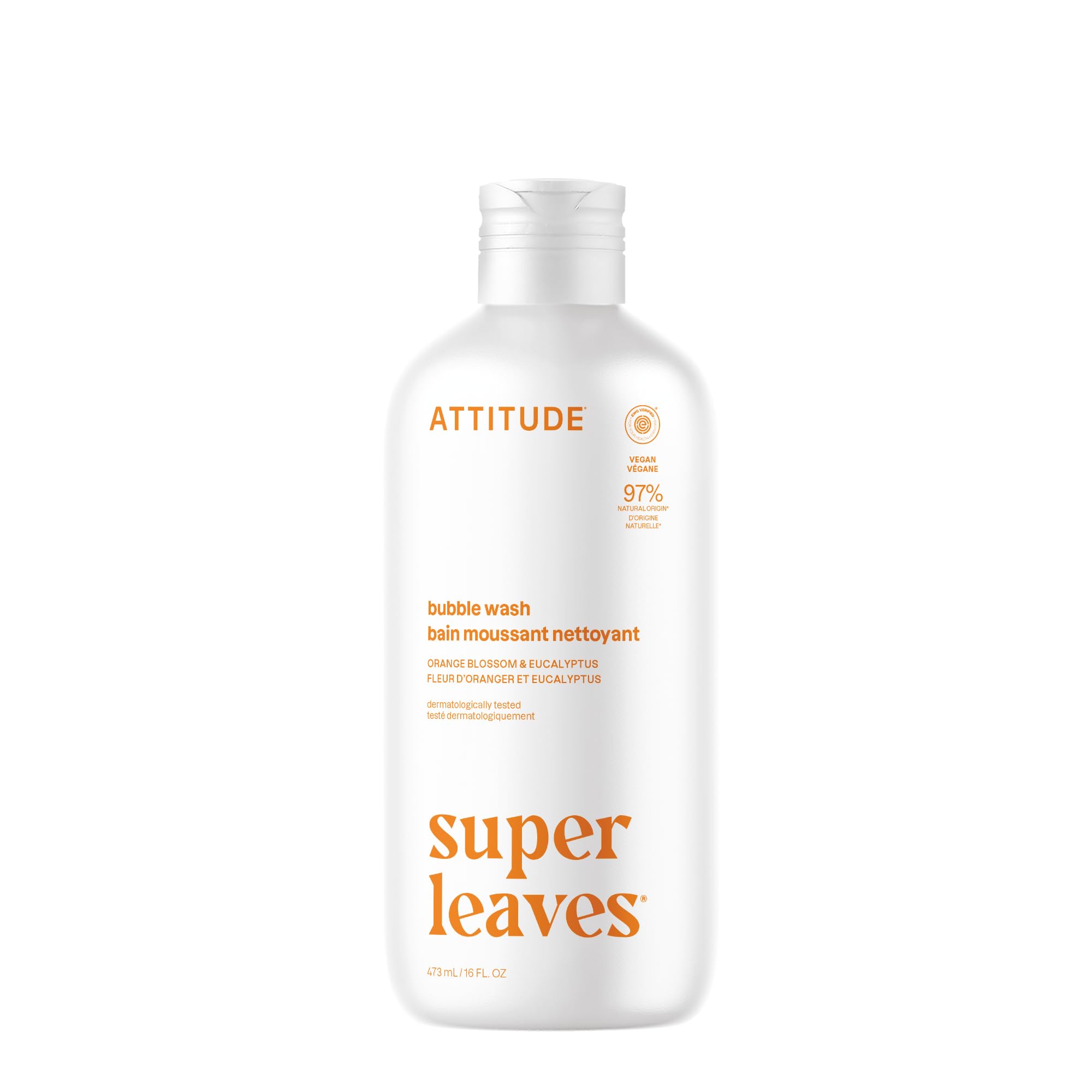 ATTITUDE Bubble Bath, EWG Verified, Plant and Mineral-Based, Dermatologically Tested, Vegan Body Care Products, Orange Leaves, 16 Fl Oz
