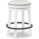 Signature Design by Ashley Valebeck 24 Inch Counter Height Stool | Backless swivel design, Rustic vintage white frame, Cozy beige woven fabric, Metal footrest