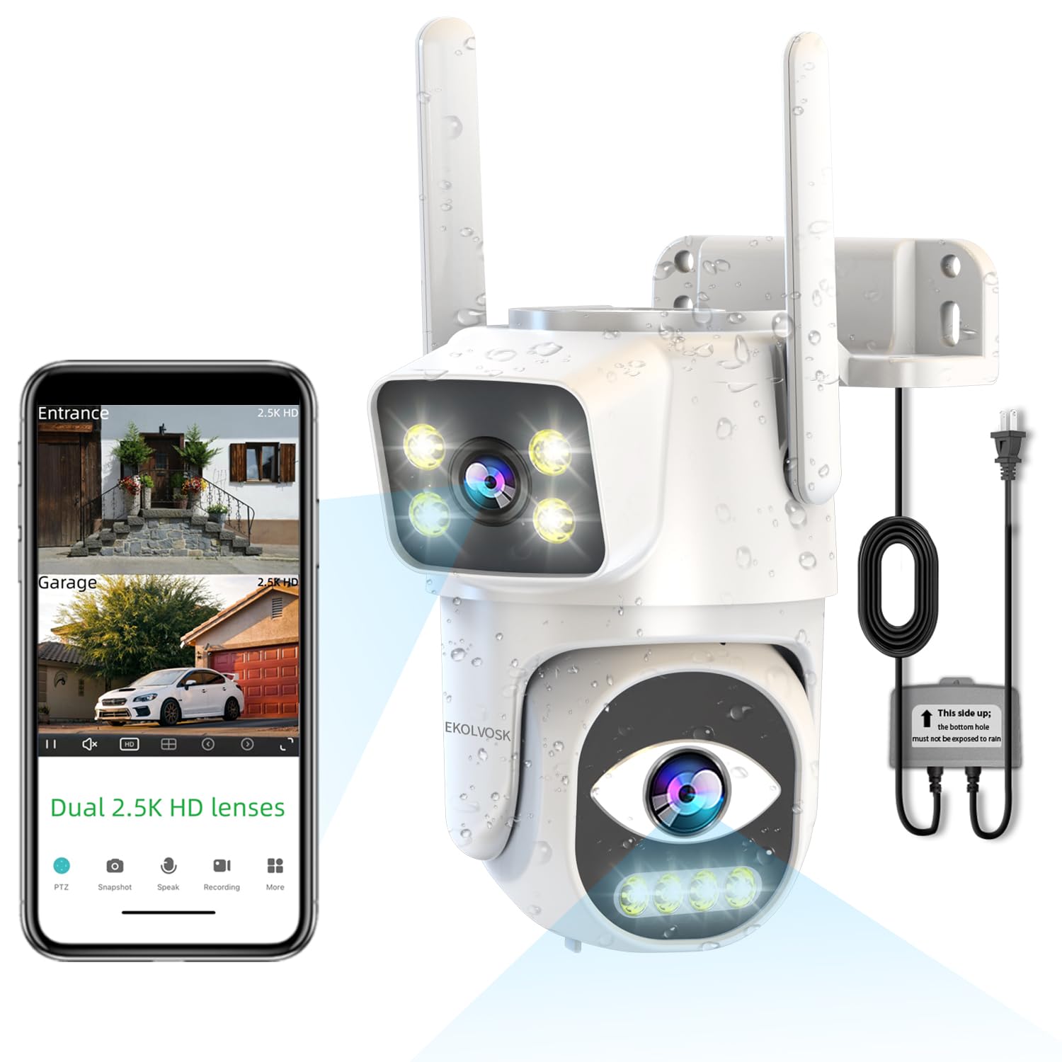 Photo 1 of EKOLVOSK Security Cameras Outdoor Wireless,Dual Lens WiFi Cameras for Home Security, Auto Tracking Light Alarm & Color Night Vision,Two-Way Audio, Plug-in Cable,Water Proof for Outdoor