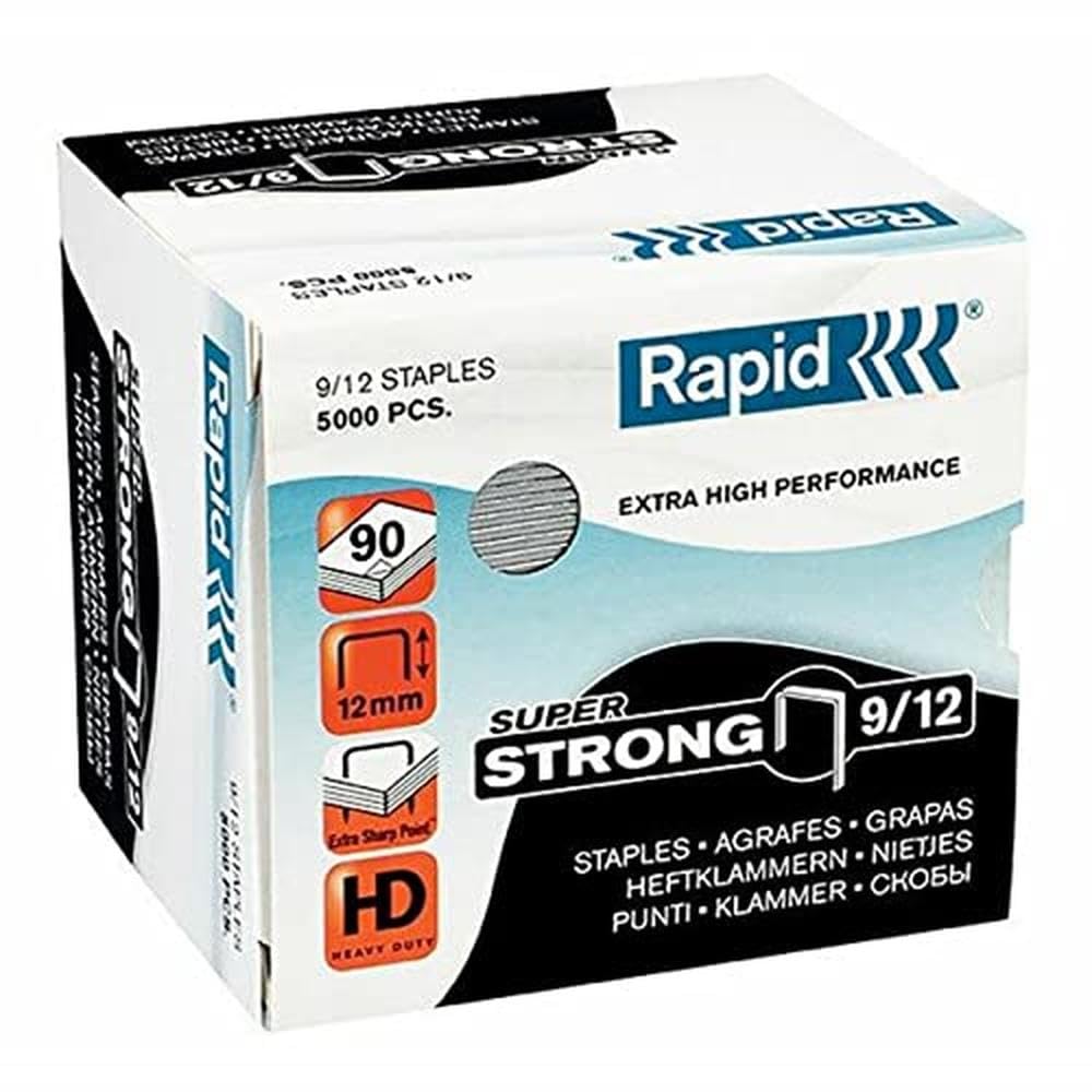 Rapid 9/12mm Super Strong Staples, For Stapling 60-90 Sheets, Use with Heavy Duty Staplers, Galvanised Wire, Box of 5000, 24871400