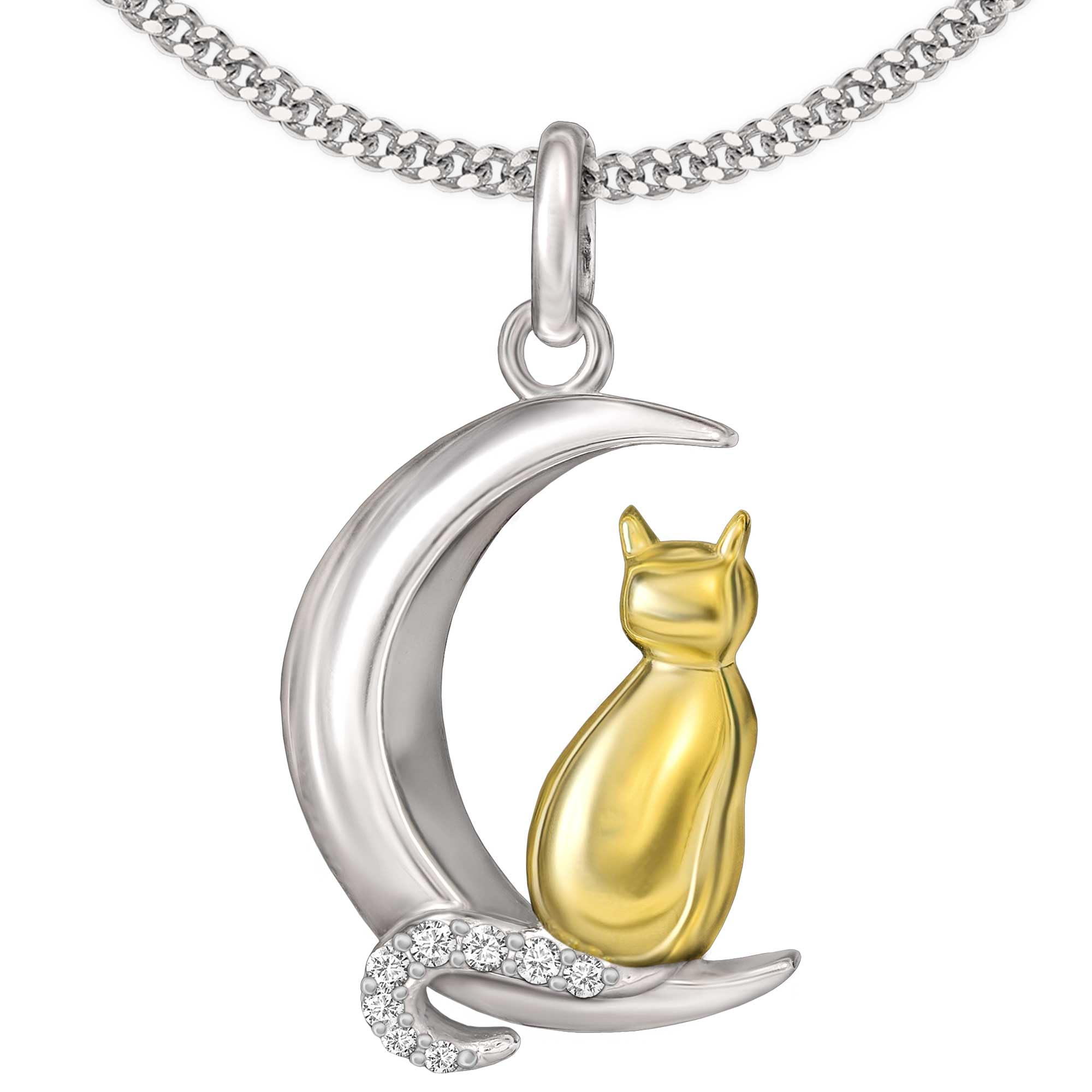 CLEVER SCHMUCK Necklace Pendant Cat in Moon and Curb Chain 45 cm 925 Sterling Silver for Women in Case Pink