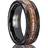 Concept Knight Tungsten Carbide Rings for Men 8mm Black Hammered Whiskey Barrel Wood & Elk Antler Inlay Men's Engagement Wedding Bands Matte Brushed