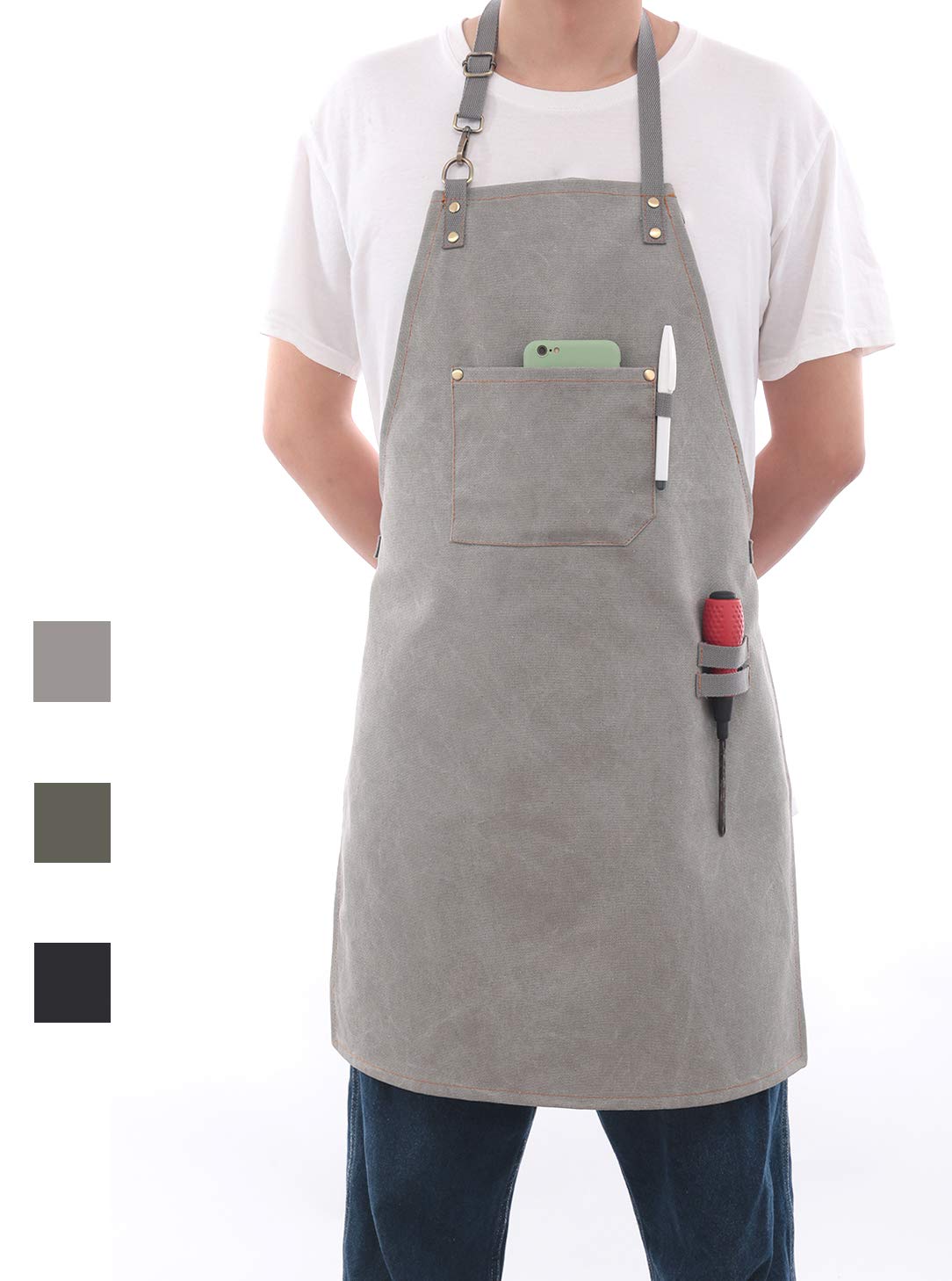 Pincy Canvas Apron Heavy-Duty 16 oz Work Apron, Metal Hardware Reinforcement Chef Apron with Extra Long Straps Adjustable M–XXL (Grey)
