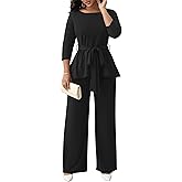 CLOCOR Women's 2 Piece Outfits Suit Set 3/4 Sleeve Peplum Top Flared Pants Sets Business Pantsuits