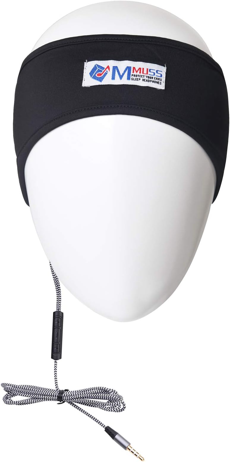[Upgraded] MMUSS Sleep Headphones with Mic, Control Button and Ultra Thin Speakers. Perfect for Sleeping, Sports, Air Travel, Meditation and Relaxation (Black_Button)