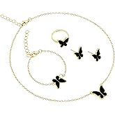 Qoncosy 4 Piece Butterfly Jewelry Set for Women, Elegant Gold Plated Necklace Earrings Bracelet Ring Set, Luxe Bridal Wedding Party Prom Jewelry Gifts for Her