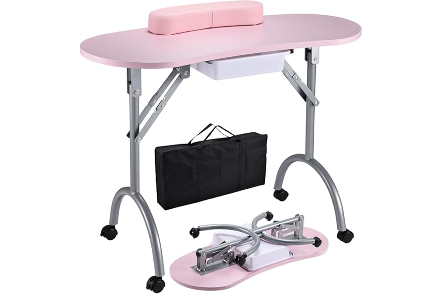Joligrace Professional Foldable & Portable Manicure Table Nail Technician Desk Workstation 4 Lockable Wheels with Drawer Client Wrist Pad Free Carrying Bag Travel Nail Tech Spa Beauty Table Pink