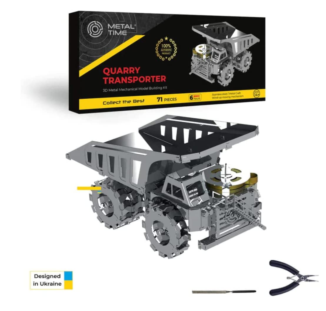 METAL-TIME Quarry Transporter Model - Detailed Mining Truck Model Made of Stainless Steel, 3D Puzzle DIY Building Kit with Movable Cargo Area, Collector's Item for Technology Enthusiasts