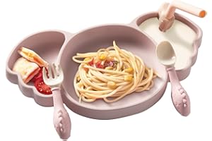 bc babycare Silicone Toddler Plates, Suction Plates for Baby Include Spoon, Fork and Straw, Self Feeding Training Divided Plates Set, Microwave & Dishwasher Safe & BPA Free (Pink Cute Koala)