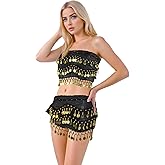 Baisdan Belly Dance Hip Scarf 2 Piece, Belly Dance Skirt and Top Set, Dancing Coin Skirts for Women, Halloween Costume, 2Pack