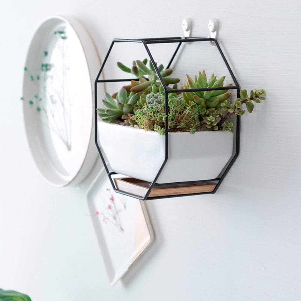 Vosarea 1PC Octagonal Hanging Air Plant Pots Metal Iron Frame Wall Planter Ceramic Flower Pot for Succulent Air Plants Mini Cactus Artificial Flowers (Black Frame) - Image 4