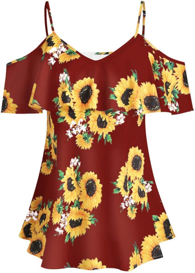 Tomppy Women Plus Size Camis Tops Ladies Summer Off Shoulder Ruffle Tees Sunflower Printed Flowy Shirts Blouse