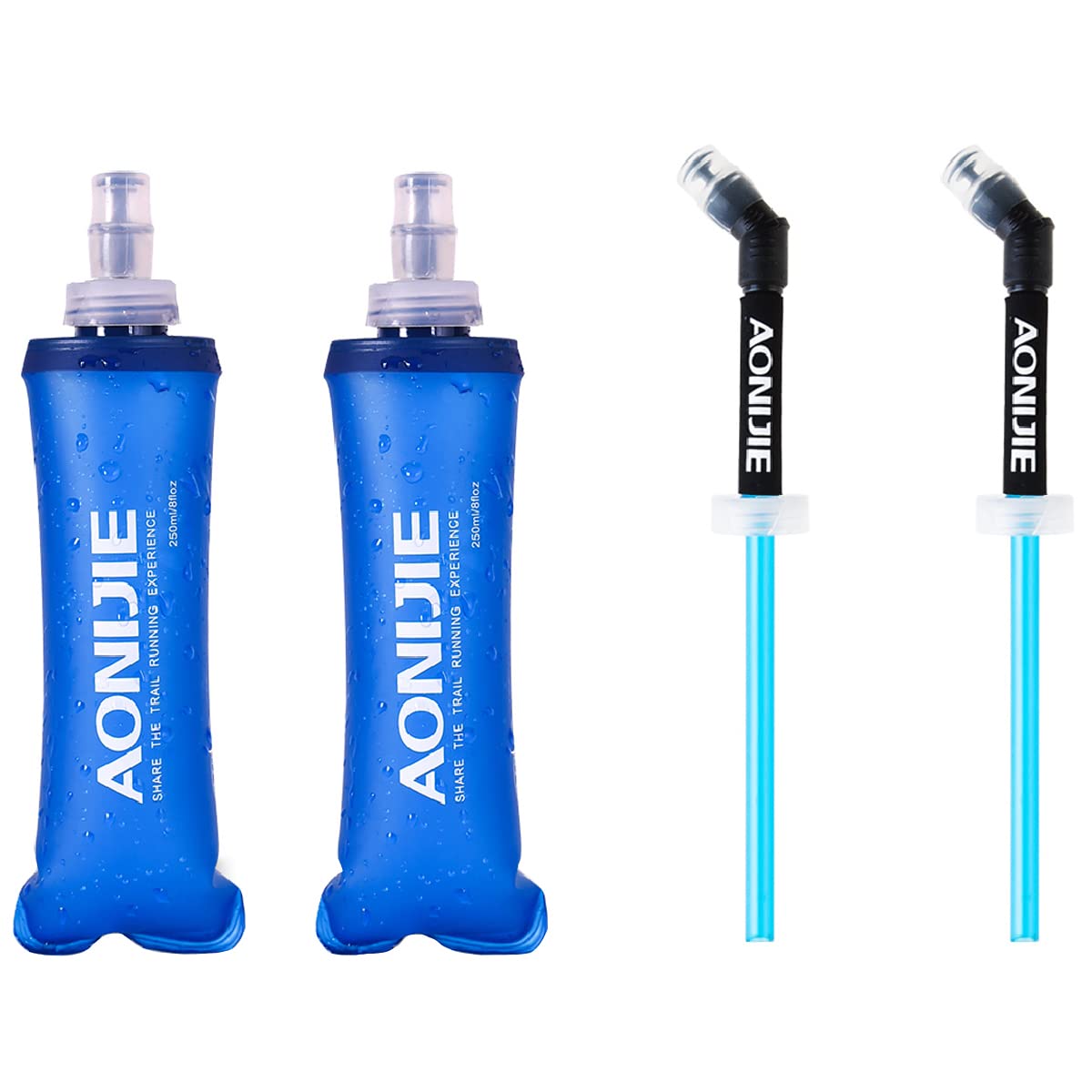 Azarxis TPU Soft Flask Collapsible Water Bottle Running Folding Gel Water Reservoir Handheld for Hydration Pack Hiking Cycling Climbing Jogging Marathon Trail Race (250ml - 2 Pack with 2 Speed Straw)