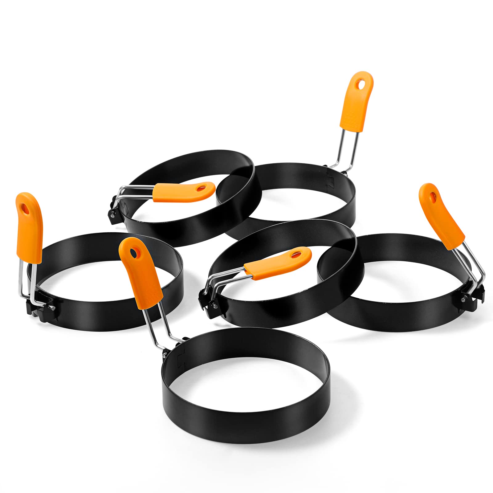 Photo 1 of Patelai 6 Pcs Professional Egg Ring Pancake Ring Set Stainless Steel Fried Egg Molds Griddle Pancake Shapers with Orange Silicone Handle for Breakfast Omelette Sandwich(4 Inch)