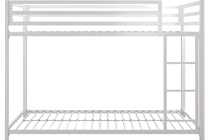 DHP Miles Low Metal Bunk Bed Frame for Kids, With Built-in Ladder, High Guardrail and Metal Slats, Floor Bed Bottom Bunk, No Boxspring Required, For Small Spaces, Twin-Over-Twin, White