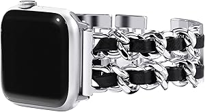 Surace Compatible with Apple Watch Series 6 Bands Women Bracelet Replacement for Apple Watch Series 5 Series 4 40mm 38mm Compatible with Apple Watch SE, Silver Link with Black Leather