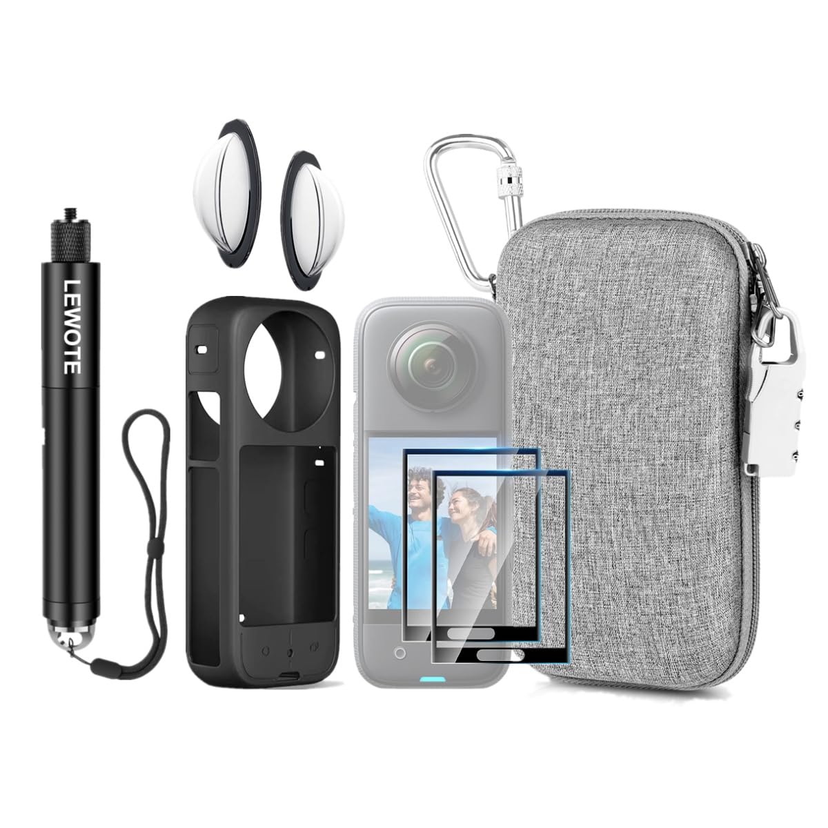 LEWOTE 8 in1 Compatible with Insta360 X3 Accessories Kit[Silicone Camera Case][Dual Lens Guards Cover][Selfie Stick][Screen Protector Film][Carrying Case Bag with Carabiner and Anti-Loss Lock]