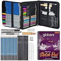 Glokers 72-Piece Arts Supplies and Drawing Kit Set - Complete Set of Art Pencils: Graphite, Colored, Metallic, Charcoal, Watercolor - Also Includes 9x12 Sketch Book, Stumps, Sharpener, Eraser & More