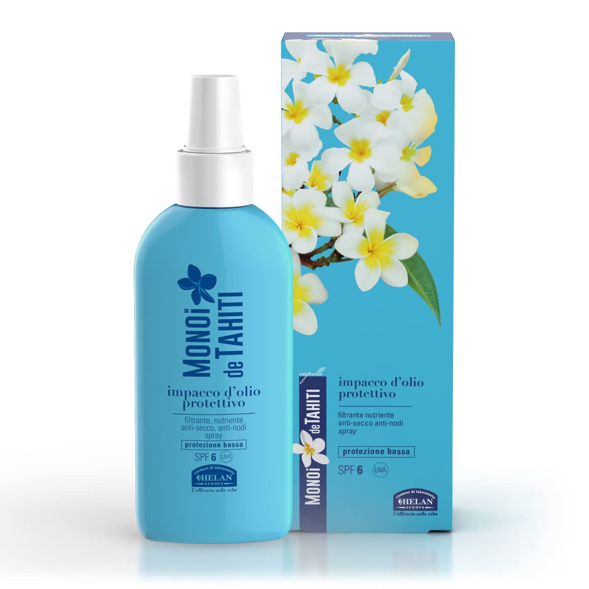 Helan Monoi De Tahiti - Hair Oil in Spray with Spf 6 Against Sun Radiations, Hair Tangling & Frizz - Hair Sun Protection Spray & Hair Repair Treatment for Dry Hair with Vitamin E - Made in Italy 100ml