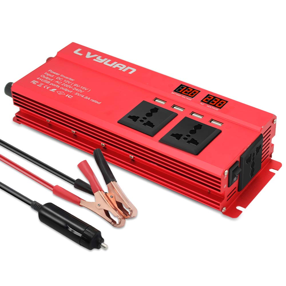 Cantonape Power Inverter 1000W/2000W (peak) DC 12V to AC 230V 240V Converter with 4 USB Interfaces 3 Universal sockets Cigarette Lighter Adapter in Car Crocodile Clip