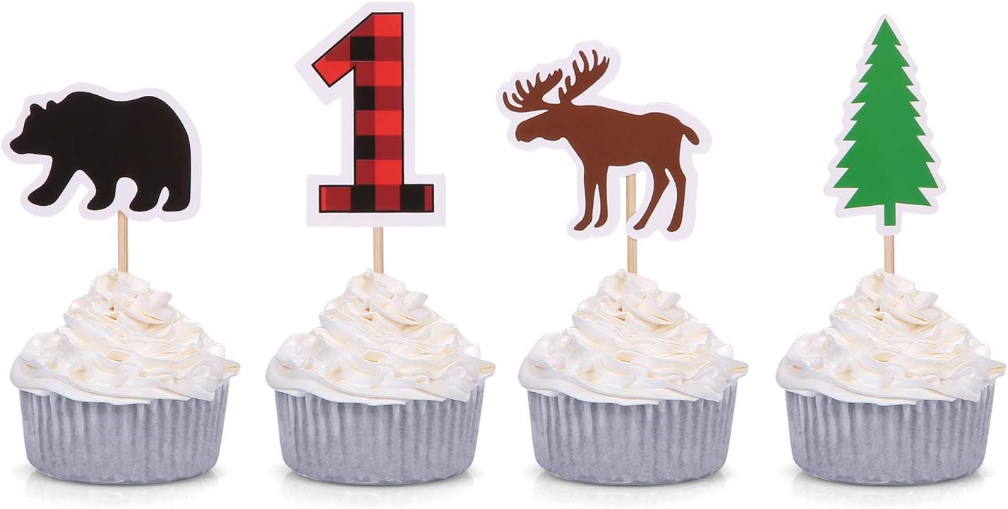 Woodland First Birthday Cupcake Toppers Lumberjack Buffalo Plaid Baby Bear Wild One Decorations