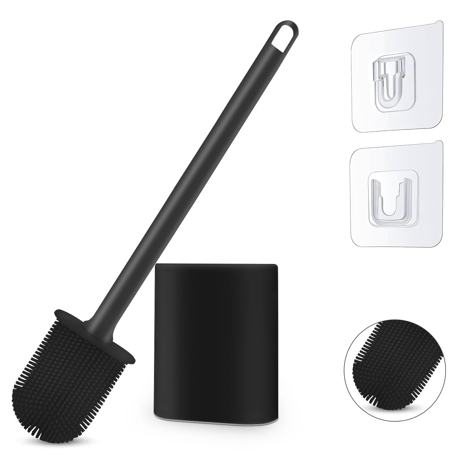 Samaly Silicone Toilet Brush, Bathroom Deep Cleaning Bowl Buddy Toilet Brush with Soft Flexible Bristles and No-Slip Plastic Handle, Toilet Brushes with holders and Base for Anti-drip, Black