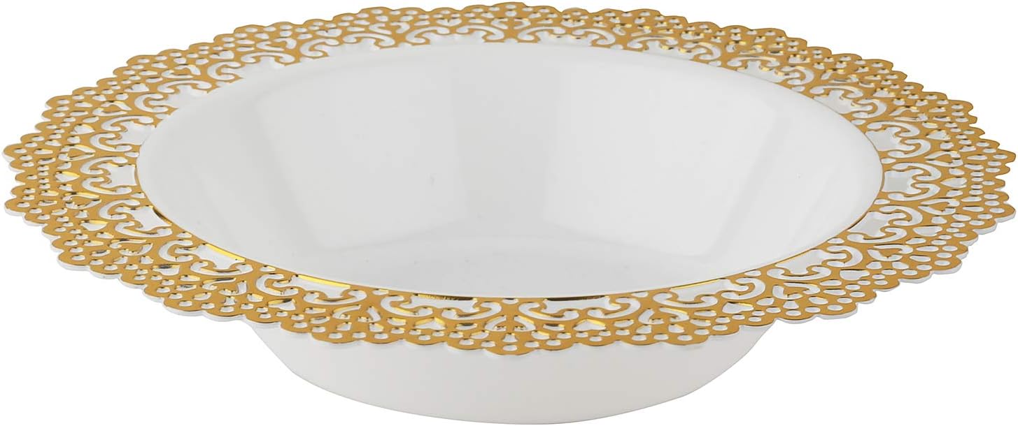 Elegant Disposable Plastic Dinnerware - White Soup/Salad Bowl with Gold Lace Trim - Hard & Reusable, Real China Look Party Plates - 7.5" Inch - 12 Count (Gold)