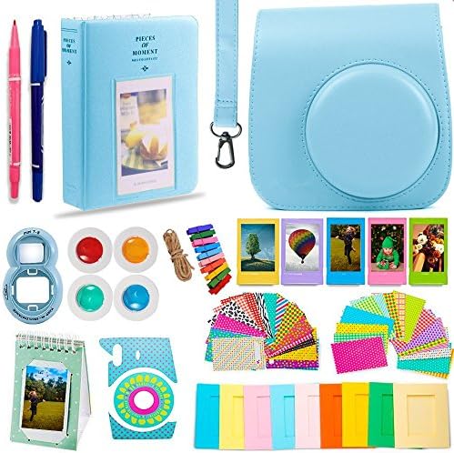 DNO Fujifilm Instax Mini 9/8 Camera Accessories (11 Piece Kit) - Includes Protective Case/ Hanging Frames/ Filters/ Selfie Lens/ Photo Album/ Stickers and More - Portable &amp; Perfect Gift (Blue)