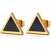 Unisex Mens Womens Stainless Steel Gold Color Triangle Stud Earrings with Black Enamel, 2pcs